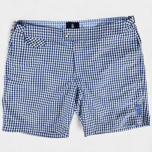 Kent & Curwen England Swim Shorts Men's 34 Blue Gingham Adjustable Waist